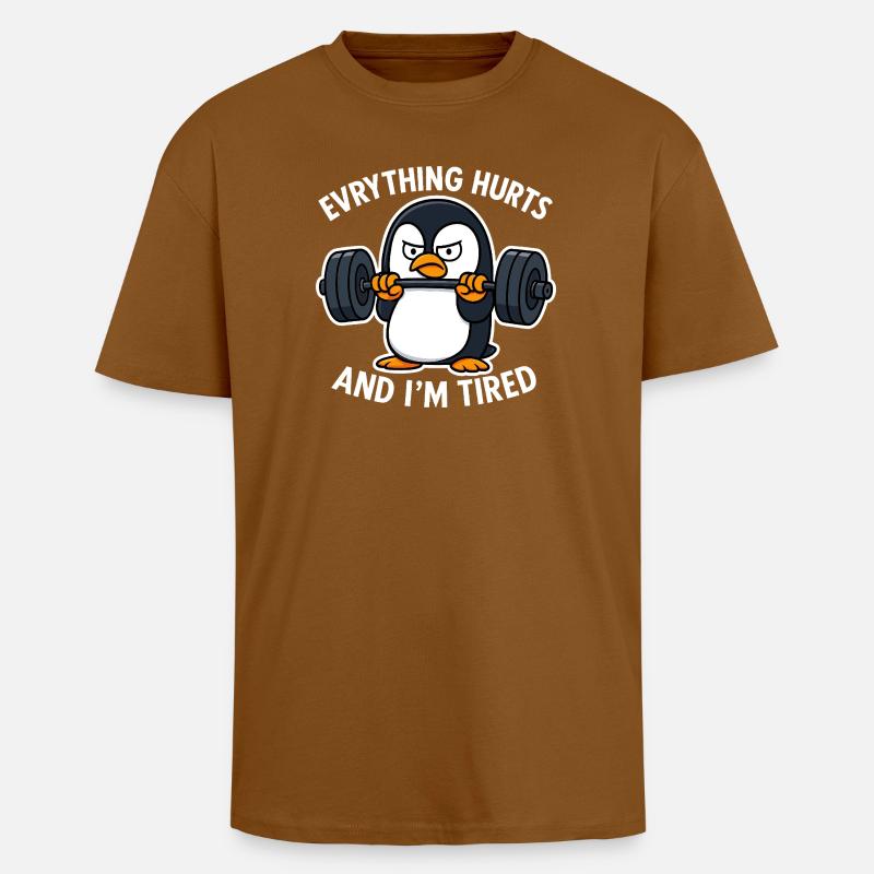 Grumpy Penguin Lifting Weights - Unisex Oversized Heavyweight T-shirt - toffee