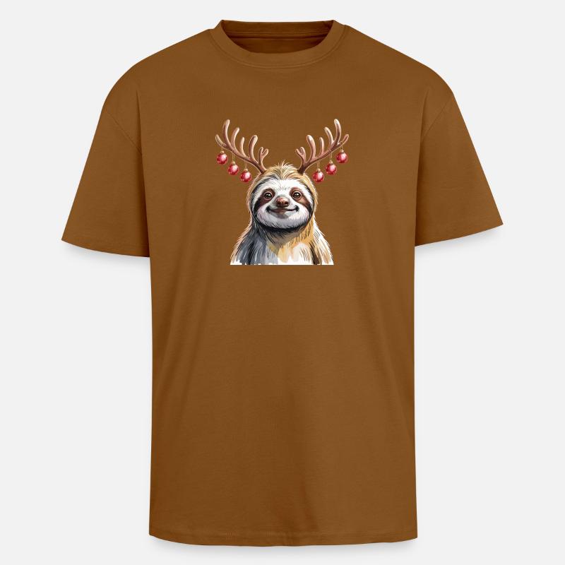 Faultier Mit Rentiergeweih Und Weihnachtskugeln - Oversized Heavyweight Unisex T-Shirt - Toffee