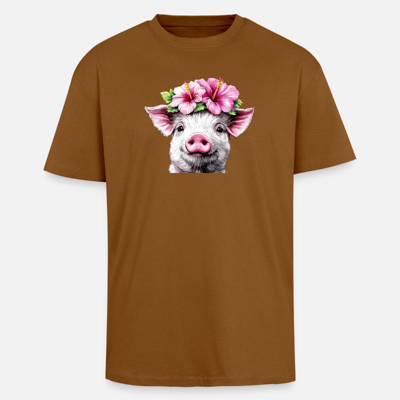 Hibiskuskrone Schwein - Oversized Heavyweight Unisex T-Shirt - Toffee