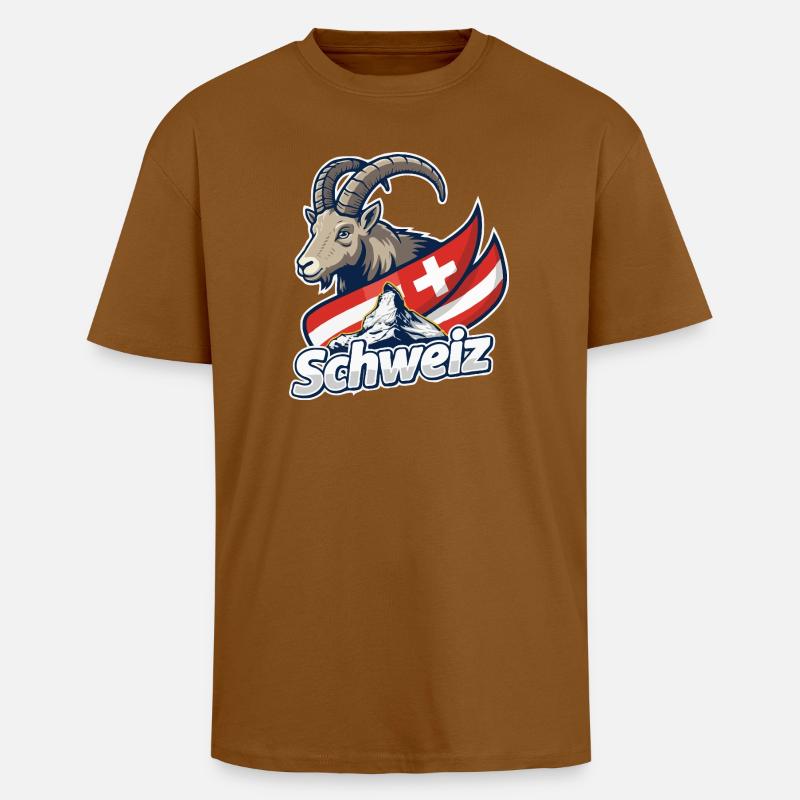 Alpensteinbock mit Schweizer Flagge - Oversized Heavyweight Unisex T-Shirt - Toffee