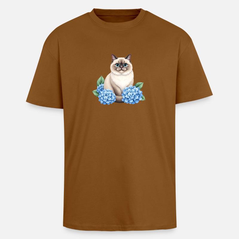 Cute Ragdoll Cat with Blue Hydrangeas - Oversized Heavyweight Unisex T-Shirt - Toffee