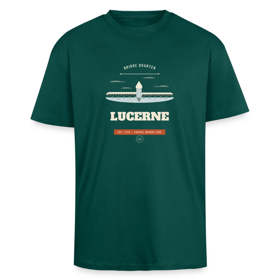 Lucerne badge on a unisex oversized heavyweight t-shirt, hunter green