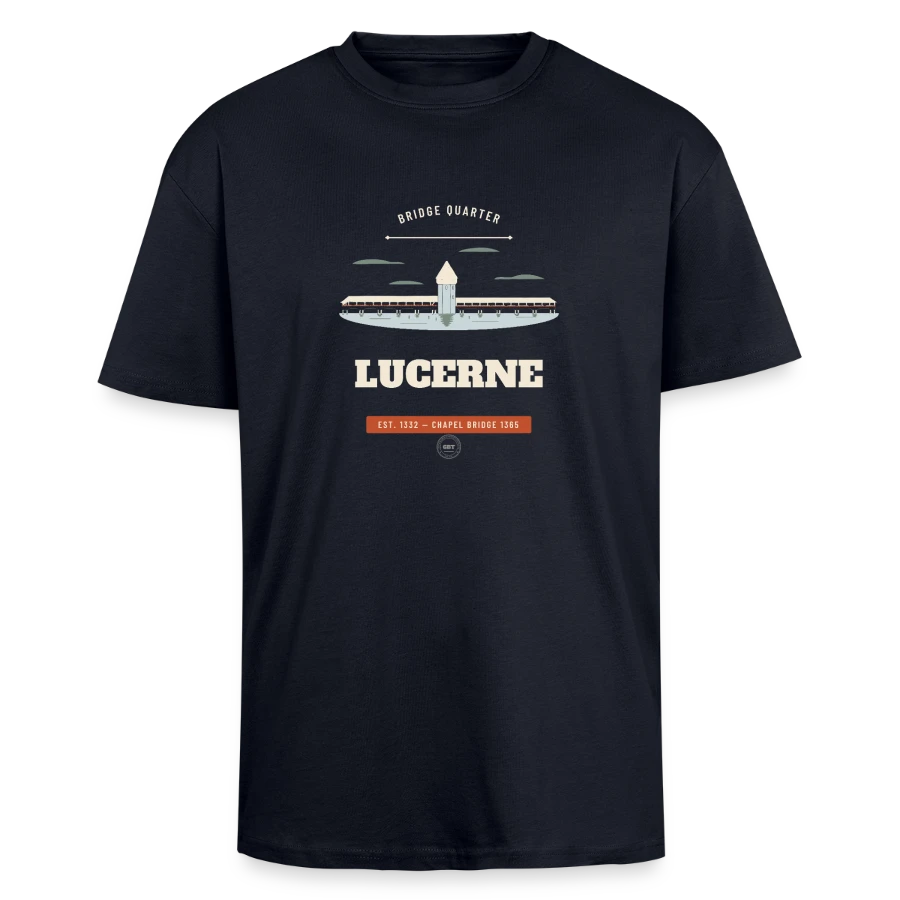 Lucerne badge on a unisex oversized heavyweight t-shirt, french navy