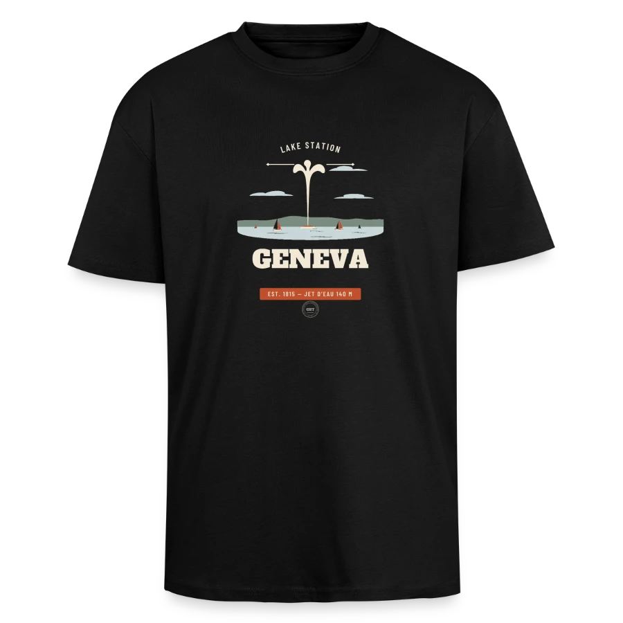 Geneva badge on a unisex oversized heavyweight t-shirt, black