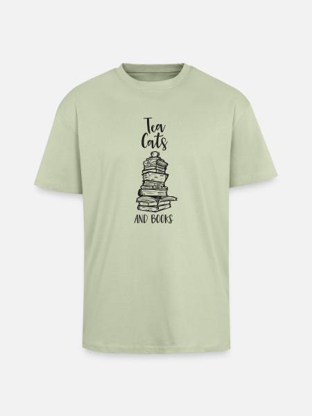 Tea, Cats And Books - Paksu unisex oversize t-paita - vaalean salvianvihreä 