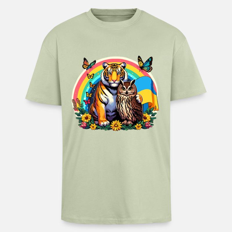 Tiger Eule Regenbogen - Oversized Heavyweight Unisex T-Shirt - Leichtes Salbeigrün 