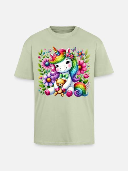 Regenbogen Einhorn Blumentraum - Oversized Heavyweight Unisex T-Shirt - Leichtes Salbeigrün