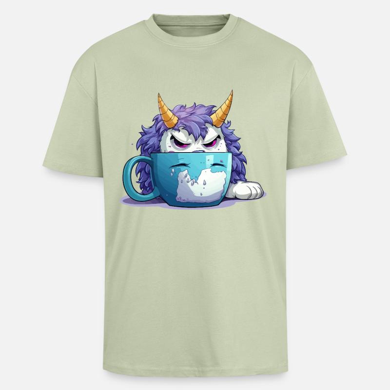 Grumpy monster in a coffee mug - Unisex Oversized Heavyweight T-shirt - soft salvia 
