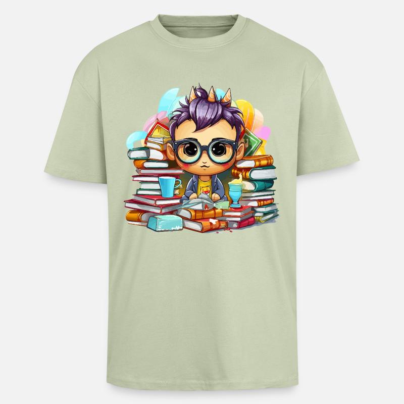 Lernheld Chibi mit Büchern - Oversized Heavyweight Unisex T-Shirt - Leichtes Salbeigrün 