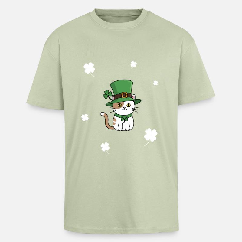 Chat de la Saint-Patrick - T-shirt unisexe oversize épais - vert sauge léger 