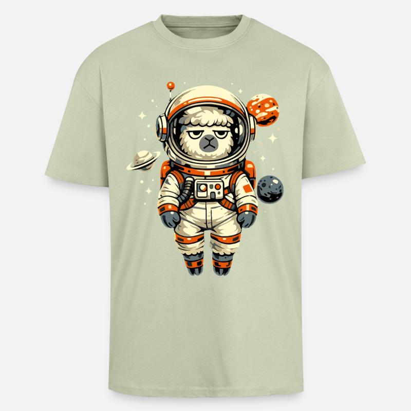 Grumpy Alpaca Astronaut in Space - Unisex Oversized Heavyweight T-shirt - soft salvia 