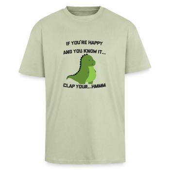 Funny T-Rex T-Shirt für Jungs und Mädchen - Oversized Heavyweight Unisex T-Shirt - Leichtes Salbeigrün  - Vorne - Alina (178cm) & Michal (187cm)