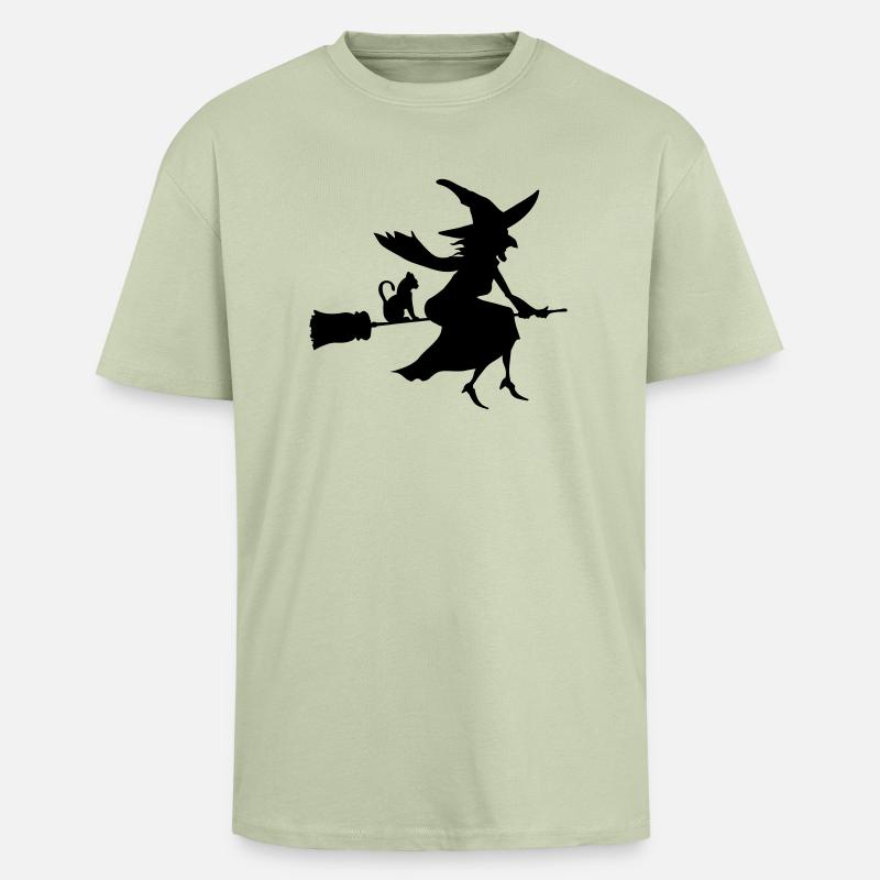 Sorcière et Chat - T-shirt unisexe oversize épais - vert sauge léger 