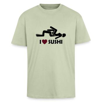 i love sushi - Oversized Heavyweight Unisex T-Shirt - Leichtes Salbeigrün  - Vorne - Alina (178cm) & Michal (187cm)