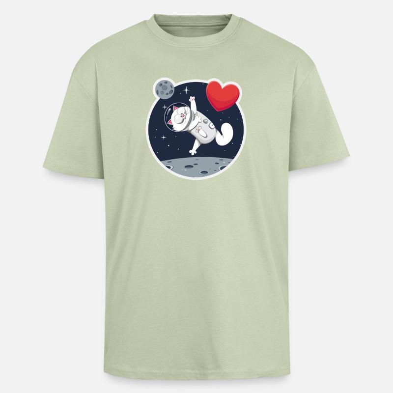 Einsame Astronautin Katze fängt Herz - Oversized Heavyweight Unisex T-Shirt - Leichtes Salbeigrün