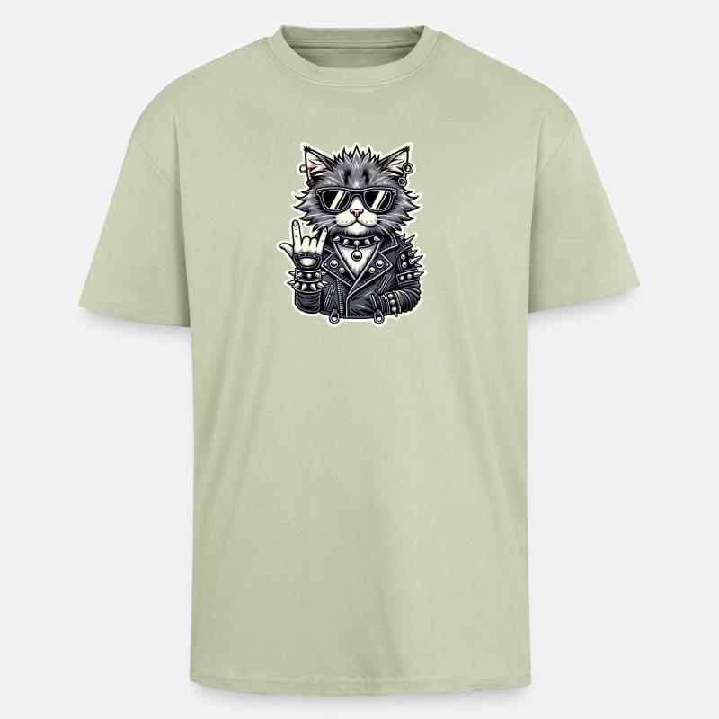 Rockiger Katzenstil mit Lederjacke - Oversized Heavyweight Unisex T-Shirt - Leichtes Salbeigrün