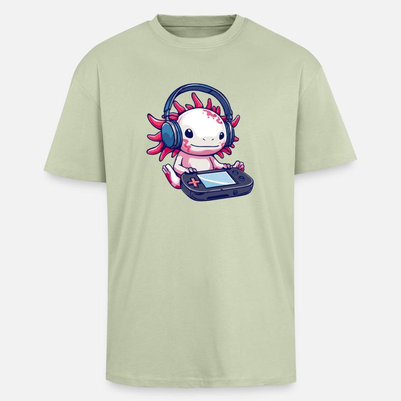 Axolotl mit Kopfhörern und Gaming-Controller - Oversized Heavyweight Unisex T-Shirt - Leichtes Salbeigrün
