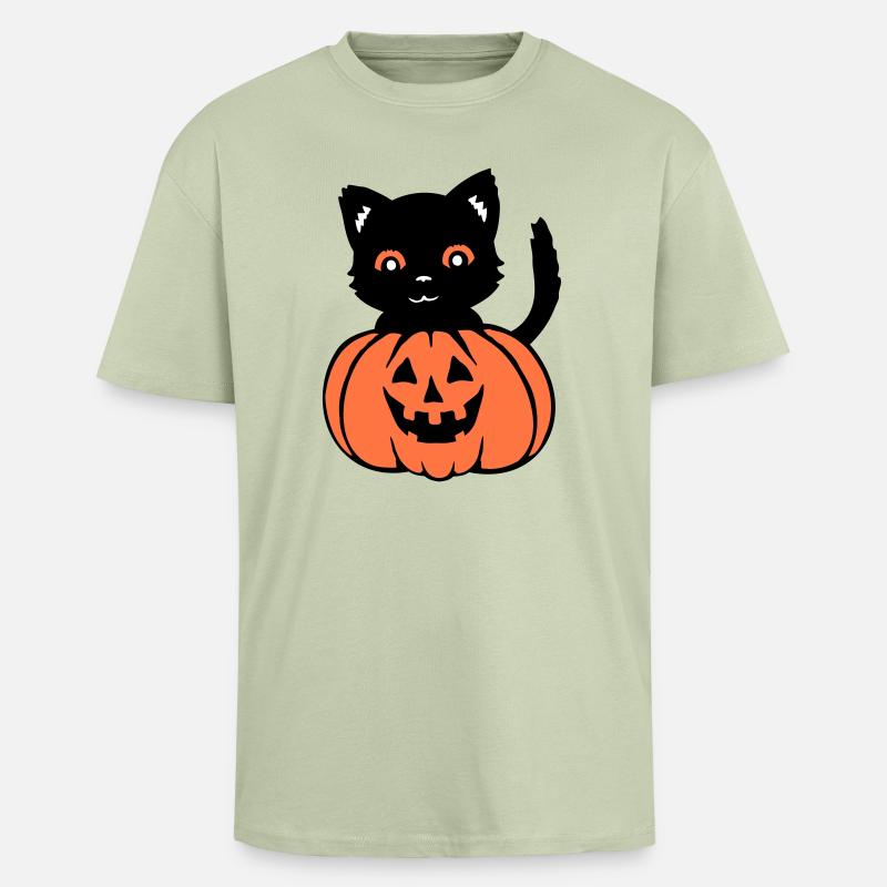 Halloween Kat Sort Græskar Efterår Uhyggelig Uhyggelig - Unisex oversized heavyweight t-shirt - lys salviegrøn 