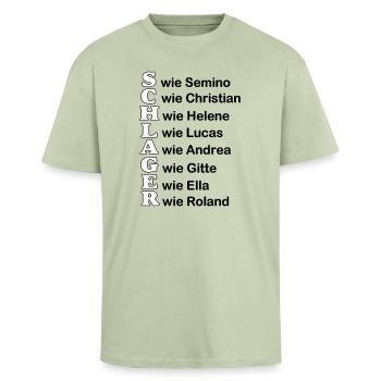 Schlager Party , Schlager Musik , Schlager wie - Oversized Heavyweight Unisex T-Shirt - Leichtes Salbeigrün  - Vorne - Alina (178cm) & Michal (187cm)
