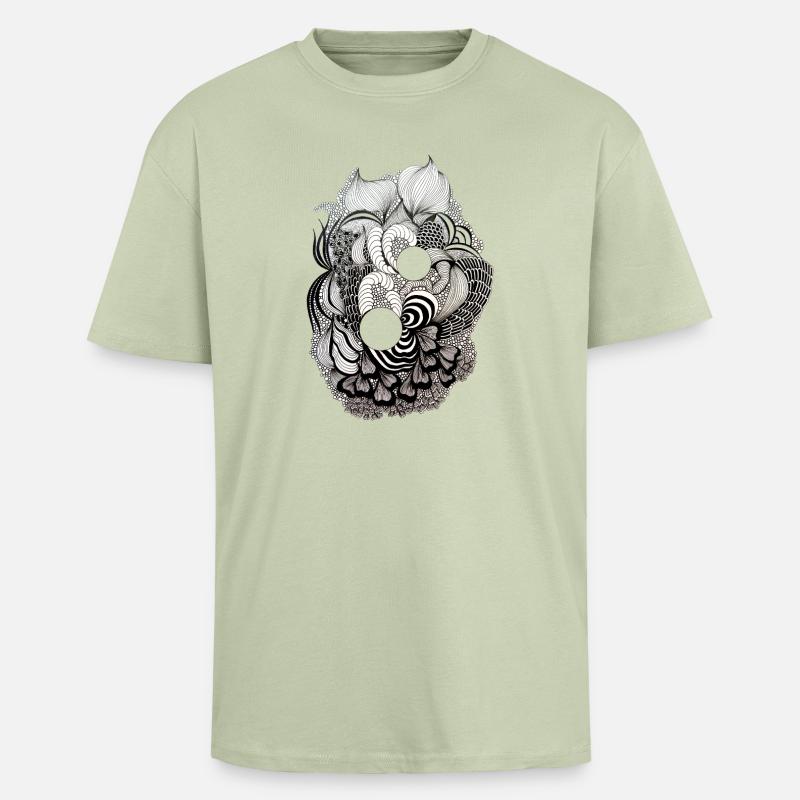 Black and White Flower Ring Pattern - Unisex Oversized Heavyweight T-shirt - soft salvia