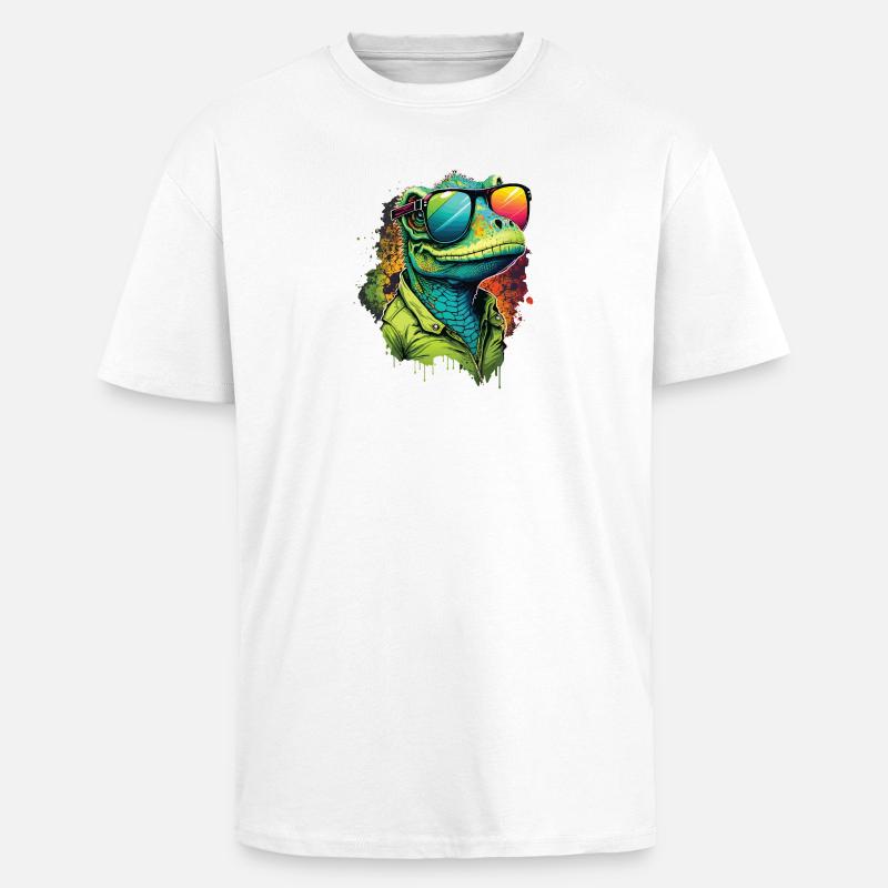 Bunter Dinosaurier mit Sonnenbrille - Oversized Heavyweight Unisex T-Shirt - Weiß