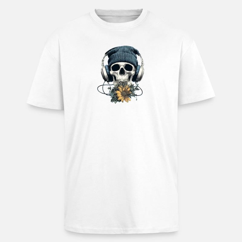 Schädel mit Kopfhörer und Blumen - Oversized Heavyweight Unisex T-Shirt - Weiß