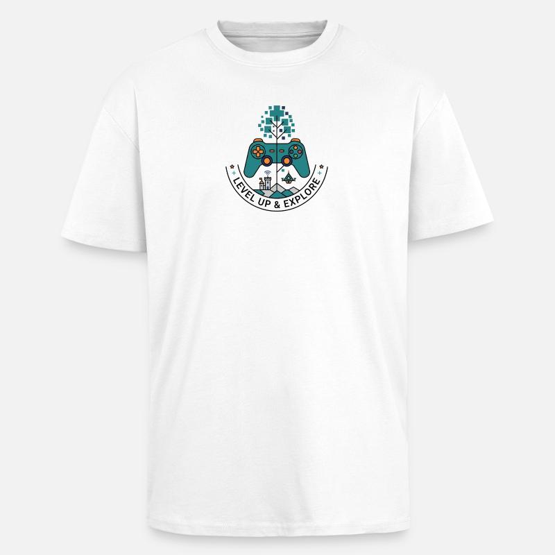 Level Up & Explore Badge - Oversized Heavyweight Unisex T-Shirt - Weiß