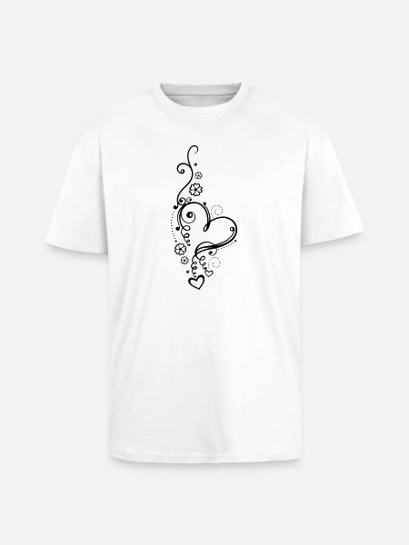 Corazón grande con pequeños corazones y flores - Camiseta unisex oversize de tejido grueso - blanco