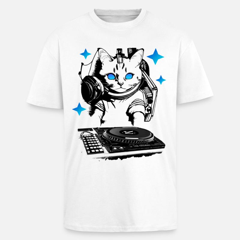 DJ Katze mit Mischpult - Oversized Heavyweight Unisex T-Shirt - Weiß