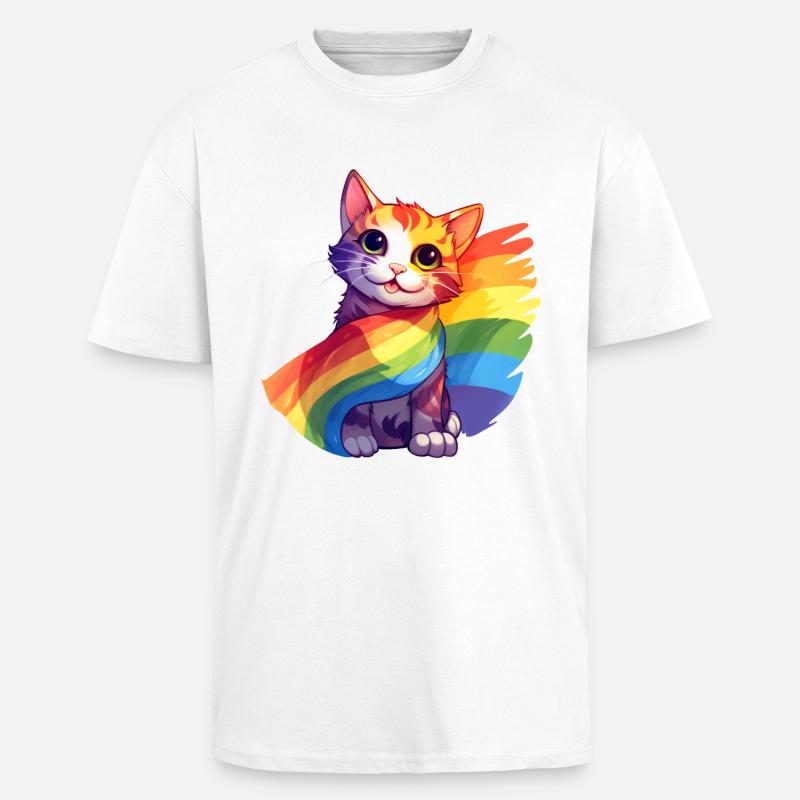 Pride Cat – Bunte Regenbogen-Katze mit Flagge - Oversized Heavyweight Unisex T-Shirt - Weiß