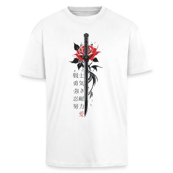 Japan Schriftzeichen Schwert Rose Ästhetik - Oversized Heavyweight Unisex T-Shirt - Weiß - Vorne - Alina (178cm) & Michal (187cm)