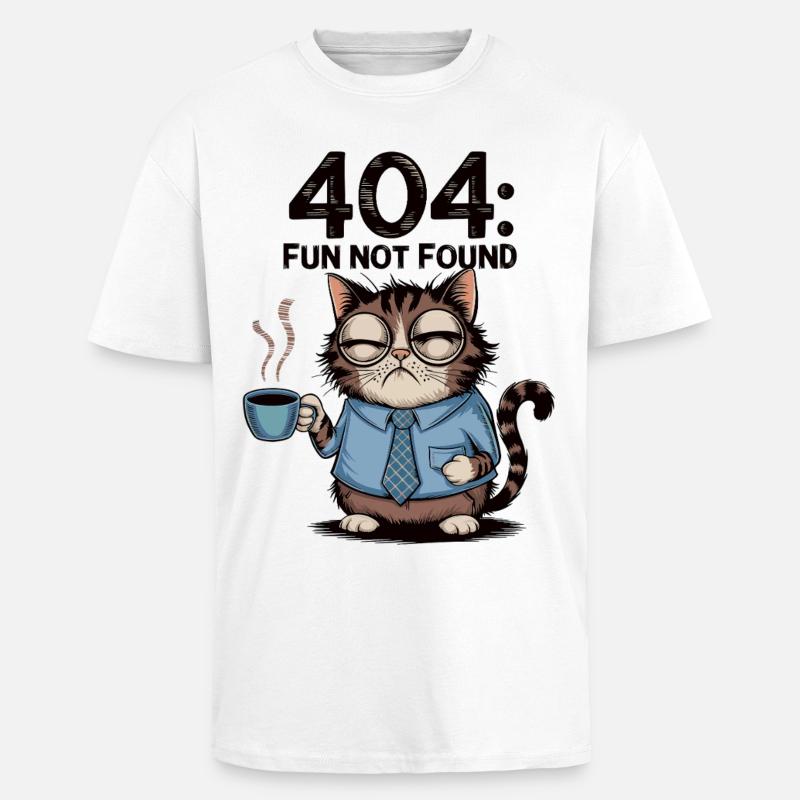 404 Fun Not Found - Tired Coffee Cat Work Meme - Heavy Oversized T-Shirt - white