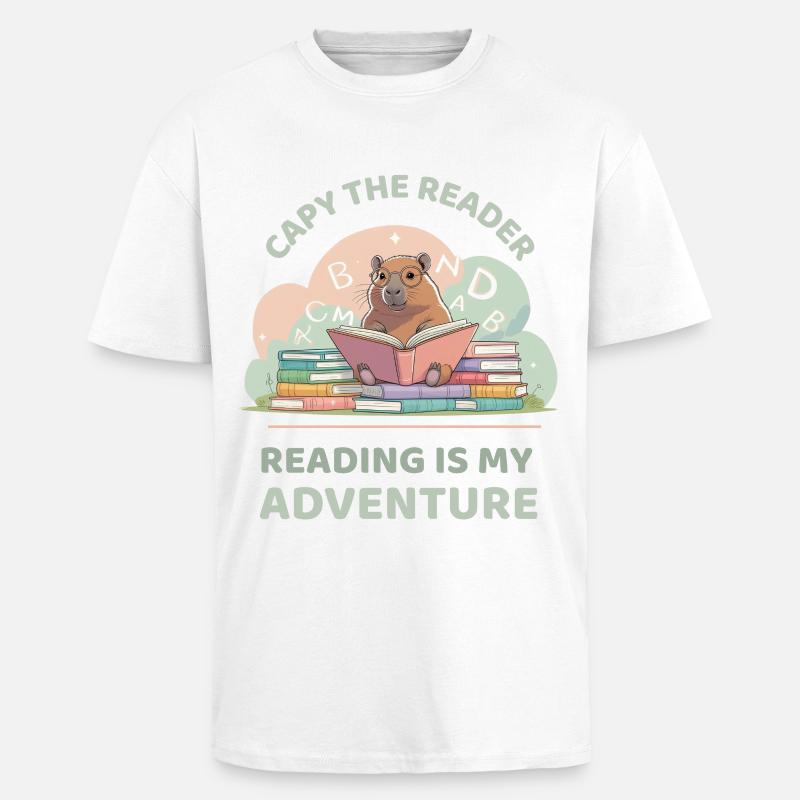 Capybara while reading - Reading adventure - Unisex Oversized Heavyweight T-shirt - white