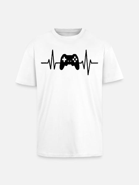 Heartbeat Gamer, Gamecontroller Strichzeichnung Design - Oversized Heavyweight Unisex T-Shirt - Weiß
