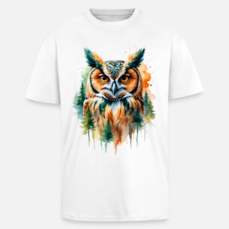 Wasserfarbene Eule im Walddesign - Oversized Heavyweight Unisex T-Shirt - Weiß