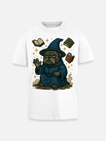 Bulldog Wizard Casting Magic Fantasy Cartoon - Unisex Oversized Heavyweight T-shirt - white