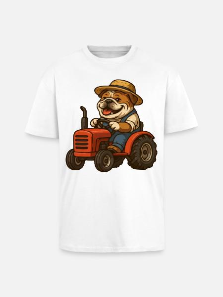 Cute Bulldog Farmer Driving Red Tractor Cartoon - Unisex Oversized Heavyweight T-shirt - white