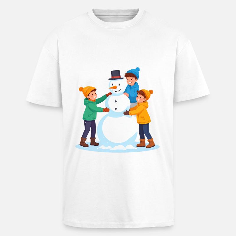 Fröhliche Kinder bauen einen Schneemann - Oversized Heavyweight Unisex T-Shirt - Weiß