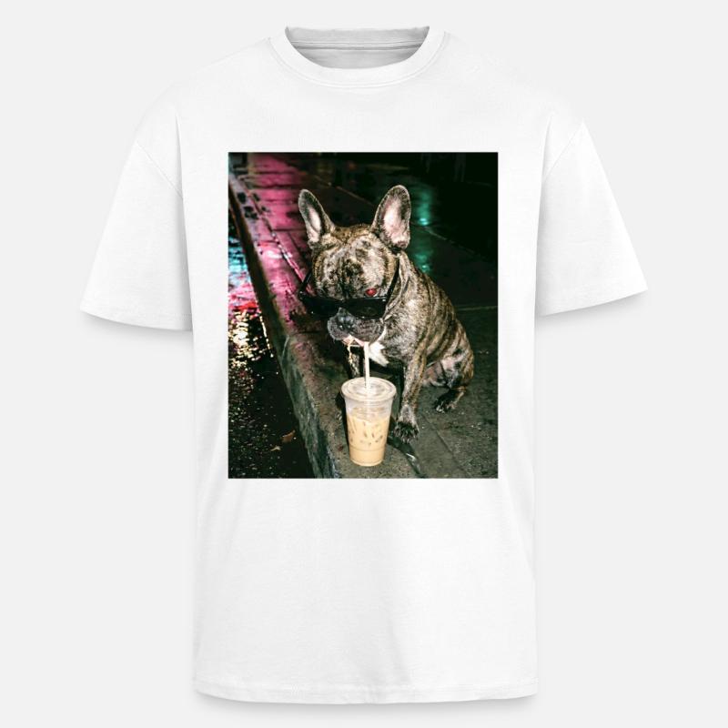 Bouledogue français buvant du café glacé - T-shirt unisexe oversize épais - blanc