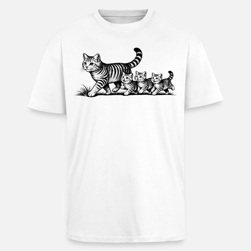 Mère chatte avec 3 chatons noirs - T-shirt unisexe oversize épais - blanc