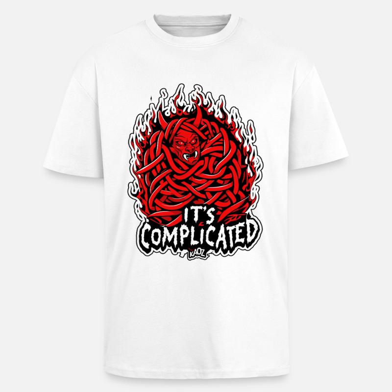 Trasslig elddemon: Det är komplicerat - Unisex oversized t-shirt i kraftig kvalitet - vit