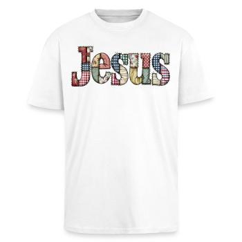 Patchwork Jesus Schriftzug - Oversized Heavyweight Unisex T-Shirt - Weiß - Vorne - Alina (178cm) & Michal (187cm)