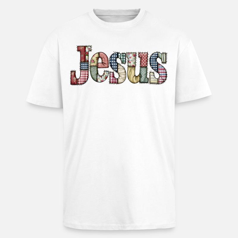 Patchwork Jesus Schriftzug - Oversized Heavyweight Unisex T-Shirt - Weiß