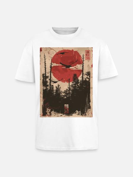 Roter Sonnenwald Ukiyo-e Waldlandschaft - Oversized Heavyweight Unisex T-Shirt - Weiß