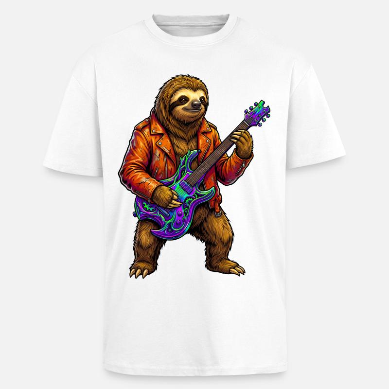 Faultier in Lederjacke mit Neon E-Gitarre - Oversized Heavyweight Unisex T-Shirt - Weiß
