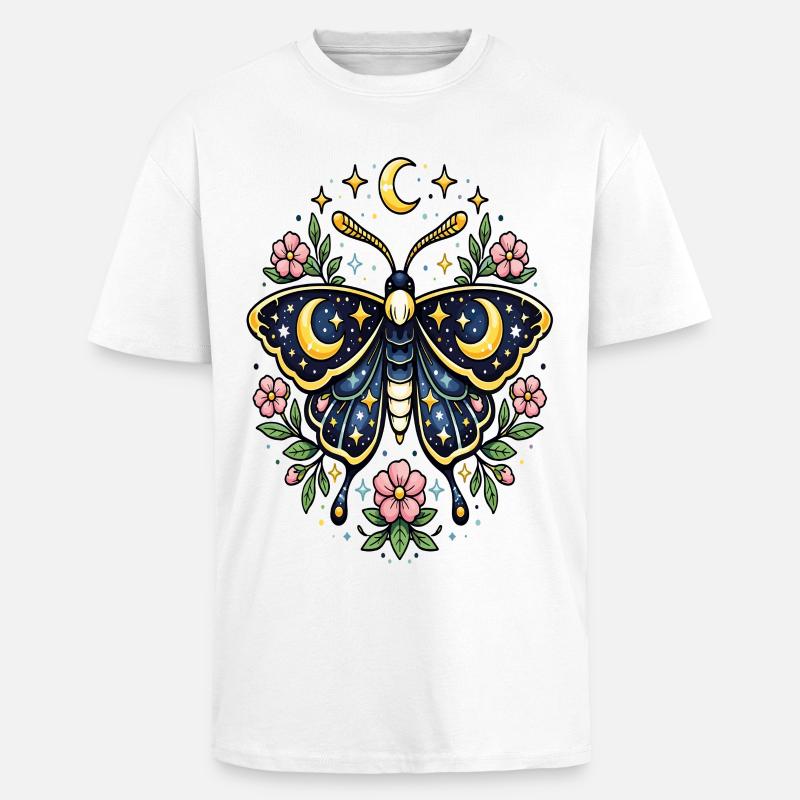 Papillon céleste lune fleurs étoiles - T-shirt unisexe oversize épais - blanc
