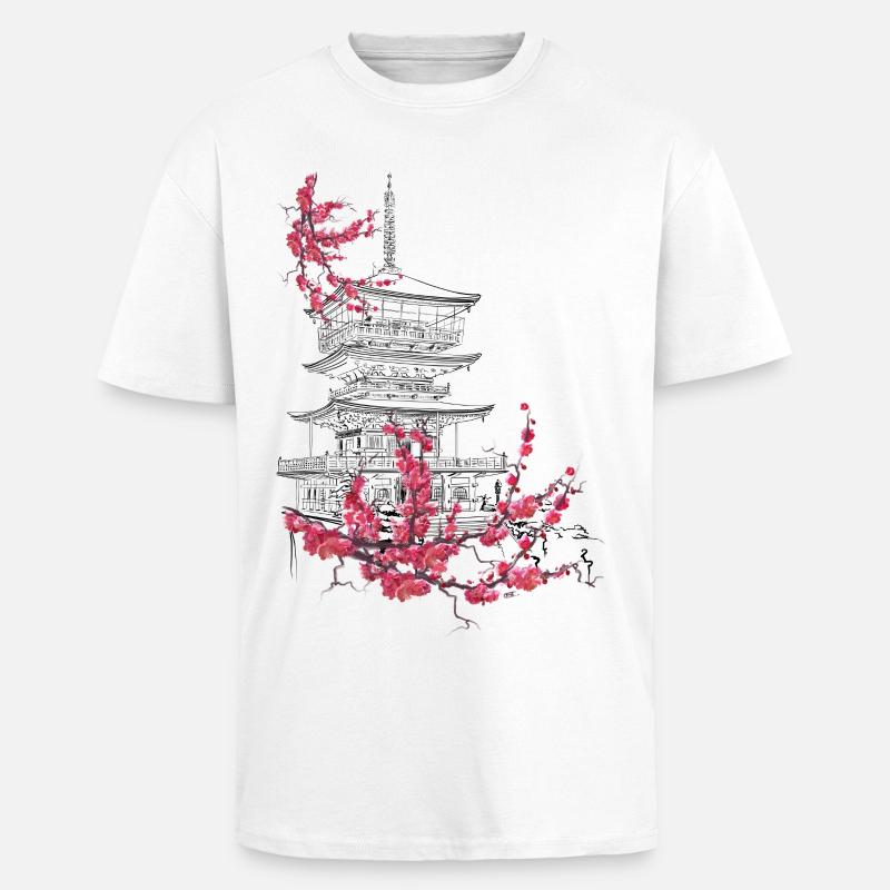 Pagode und Sakura - Oversized Heavyweight Unisex T-Shirt - Weiß