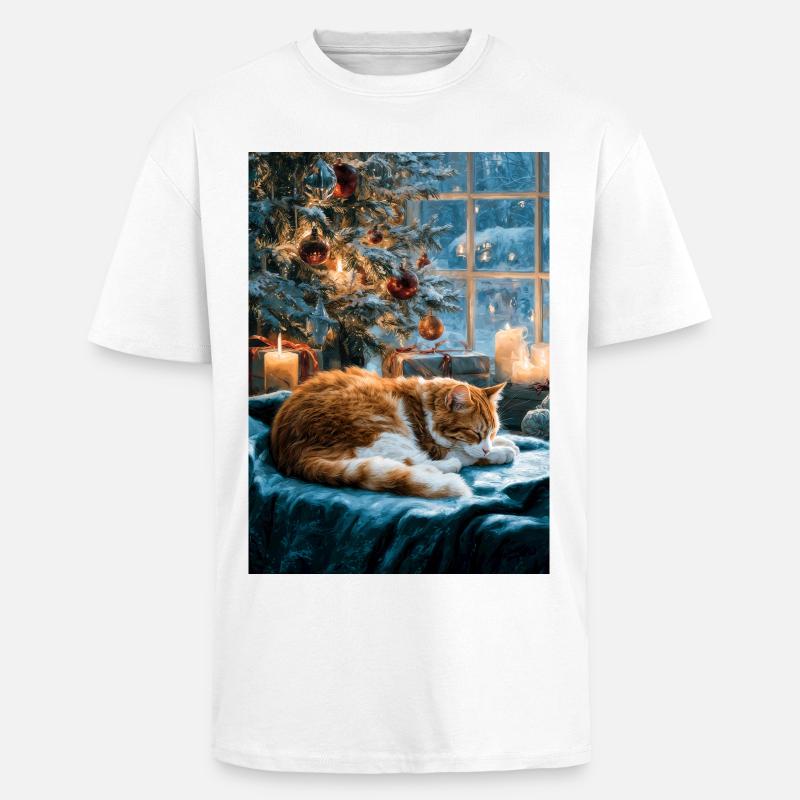 Sieste de chat de Noël douillette - T-shirt unisexe oversize épais - blanc
