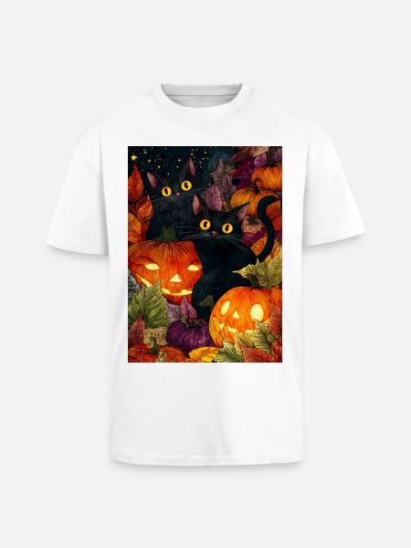 Halloween Moonlit Pumpkin Cats - Unisex Oversized Heavyweight T-shirt - white