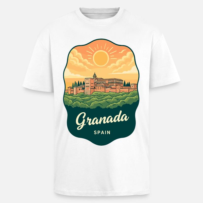 Granada Alhambra Palac Retro Sunset Badge - T-shirt unisexe oversize épais - blanc